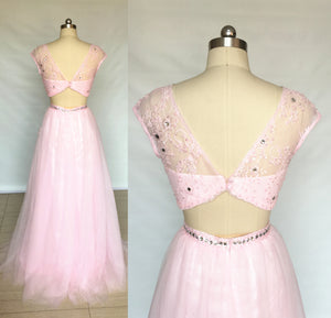 Cap Sleeves Blush Pink Lace Tulle Long Prom Dress Two Piece