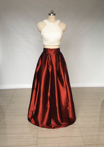 Two Piece Ivory Top Burgundy Skirt Long Prom Dress with Pockets