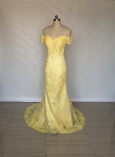 Off Shoulder Sweetheart Yellow Lace Long Prom Dress Mermaid