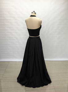 Two Piece Black Spandex Taffeta Long Prom Dress