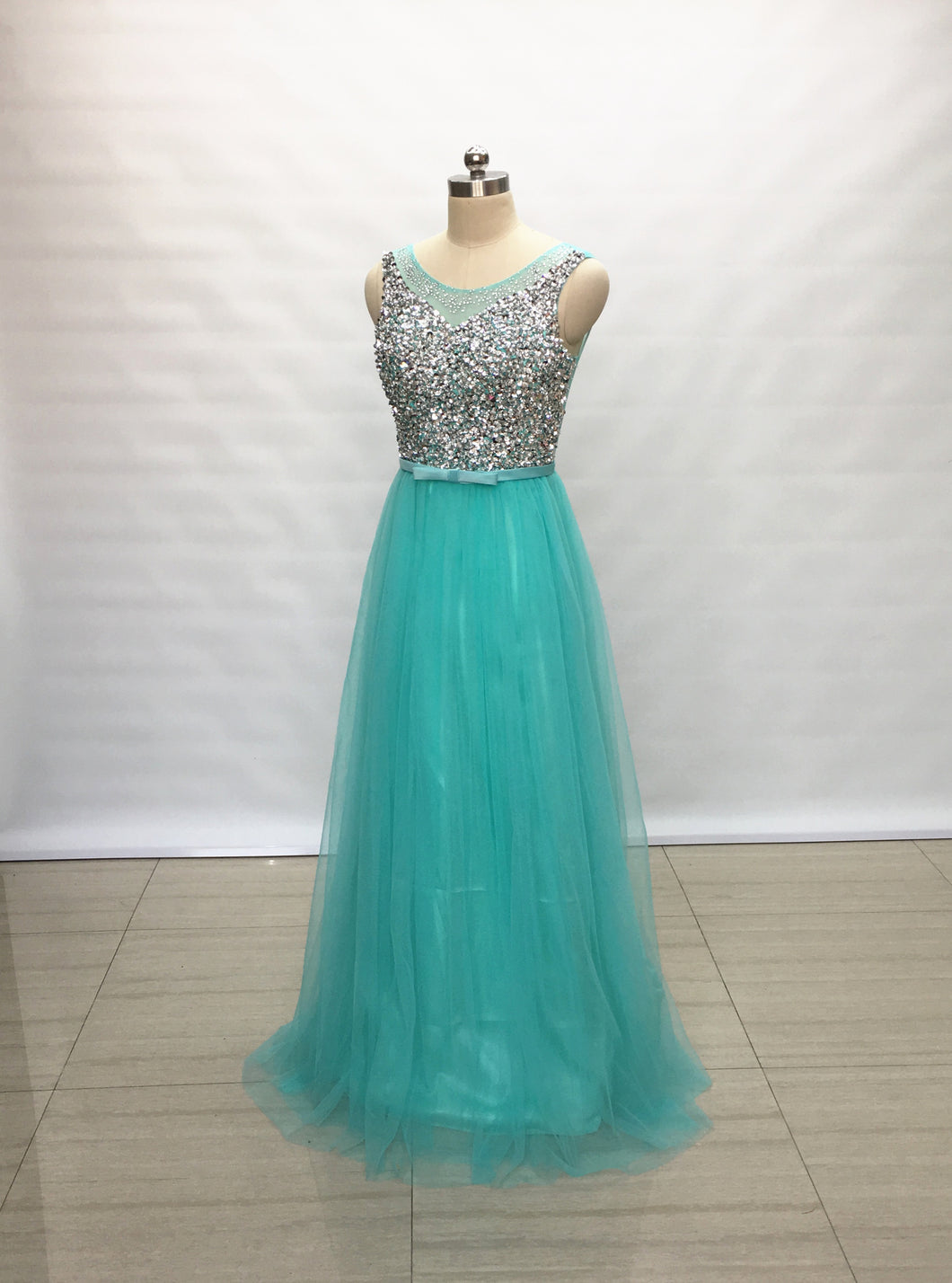 Lace Up Back Mint Tulle Long Prom Dress