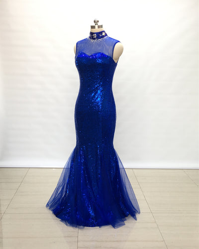 illusion Sweetheart Royal Blue Sequin Tulle Long Prom Dress Mermaid