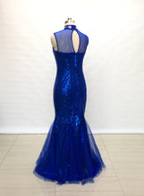 Load image into Gallery viewer, illusion Sweetheart Royal Blue Sequin Tulle Long Prom Dress Mermaid