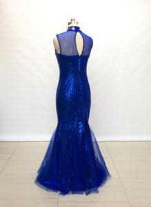 illusion Sweetheart Royal Blue Sequin Tulle Long Prom Dress Mermaid