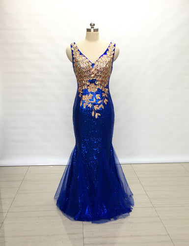 Mermaid V Neck Royal Blue Sequin Tulle Long Prom Dress with Lace Appliques