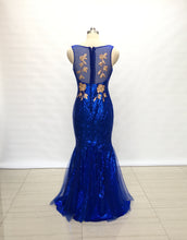 Load image into Gallery viewer, Mermaid V Neck Royal Blue Sequin Tulle Long Prom Dress with Lace Appliques