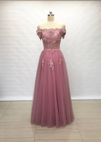 Off Shoulder Dusty Rose Lace Tulle Long Prom Dress