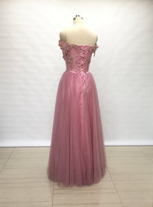 Off Shoulder Dusty Rose Lace Tulle Long Prom Dress