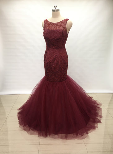 Mermaid Burgundy Tulle Long Prom Dress