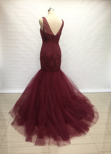 Mermaid Burgundy Tulle Long Prom Dress