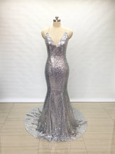 Load image into Gallery viewer, Spaghetti Straps V Neck Silver Sequin Long Prom Dress Mermaid