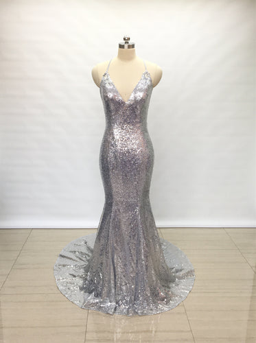 Spaghetti Straps V Neck Silver Sequin Long Prom Dress Mermaid