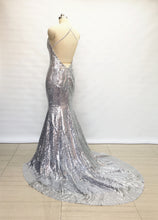 Load image into Gallery viewer, Spaghetti Straps V Neck Silver Sequin Long Prom Dress Mermaid