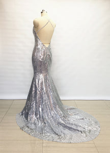 Spaghetti Straps V Neck Silver Sequin Long Prom Dress Mermaid