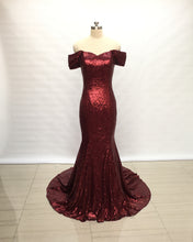 Load image into Gallery viewer, Off Shoulder Burgundy Sequin Long Prom Dress Mermaid