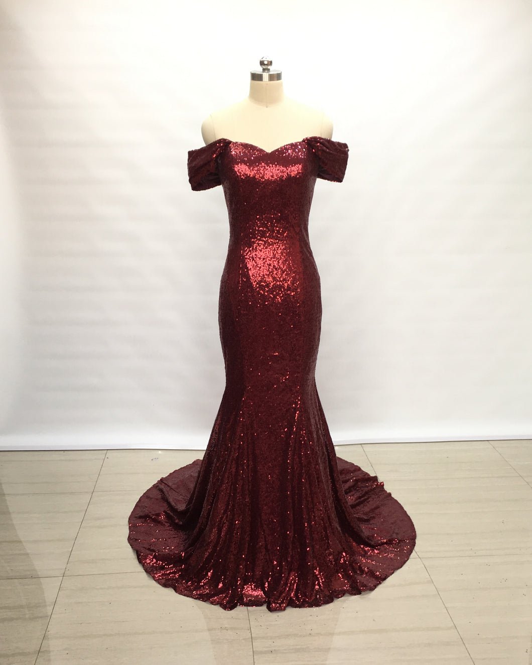 Off Shoulder Burgundy Sequin Long Prom Dress Mermaid