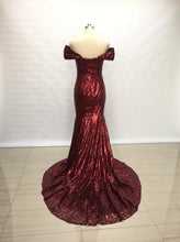 Load image into Gallery viewer, Off Shoulder Burgundy Sequin Long Prom Dress Mermaid