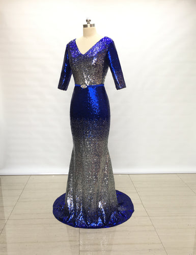 Mermaid V Neck Royal Blue Mix Silver Sequin Long Prom Dress with Half Sleeves