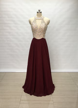 Load image into Gallery viewer, Illusion Back Burgundy Chiffon Long Prom Dress Sparkle