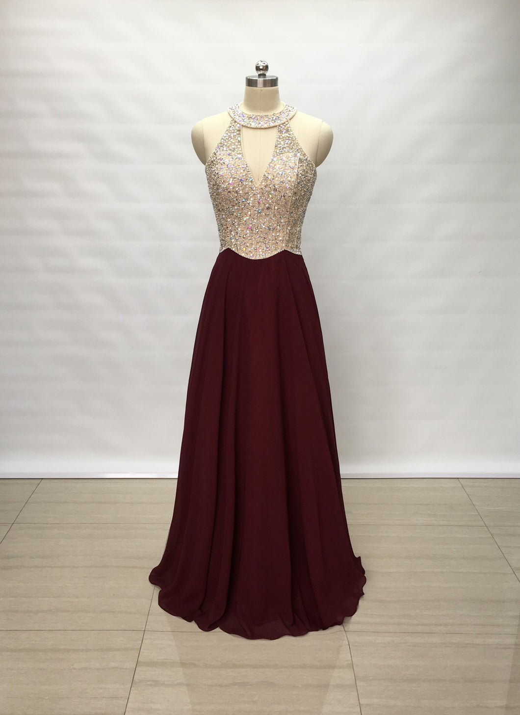 Illusion Back Burgundy Chiffon Long Prom Dress Sparkle