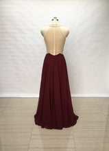 Load image into Gallery viewer, Illusion Back Burgundy Chiffon Long Prom Dress Sparkle