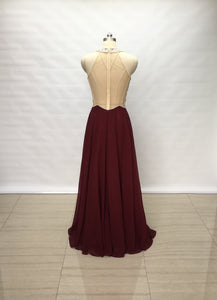 Illusion Back Burgundy Chiffon Long Prom Dress Sparkle