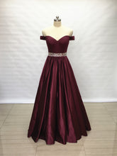 Load image into Gallery viewer, Off Shoulder Burgundy Satin Long Prom Dress