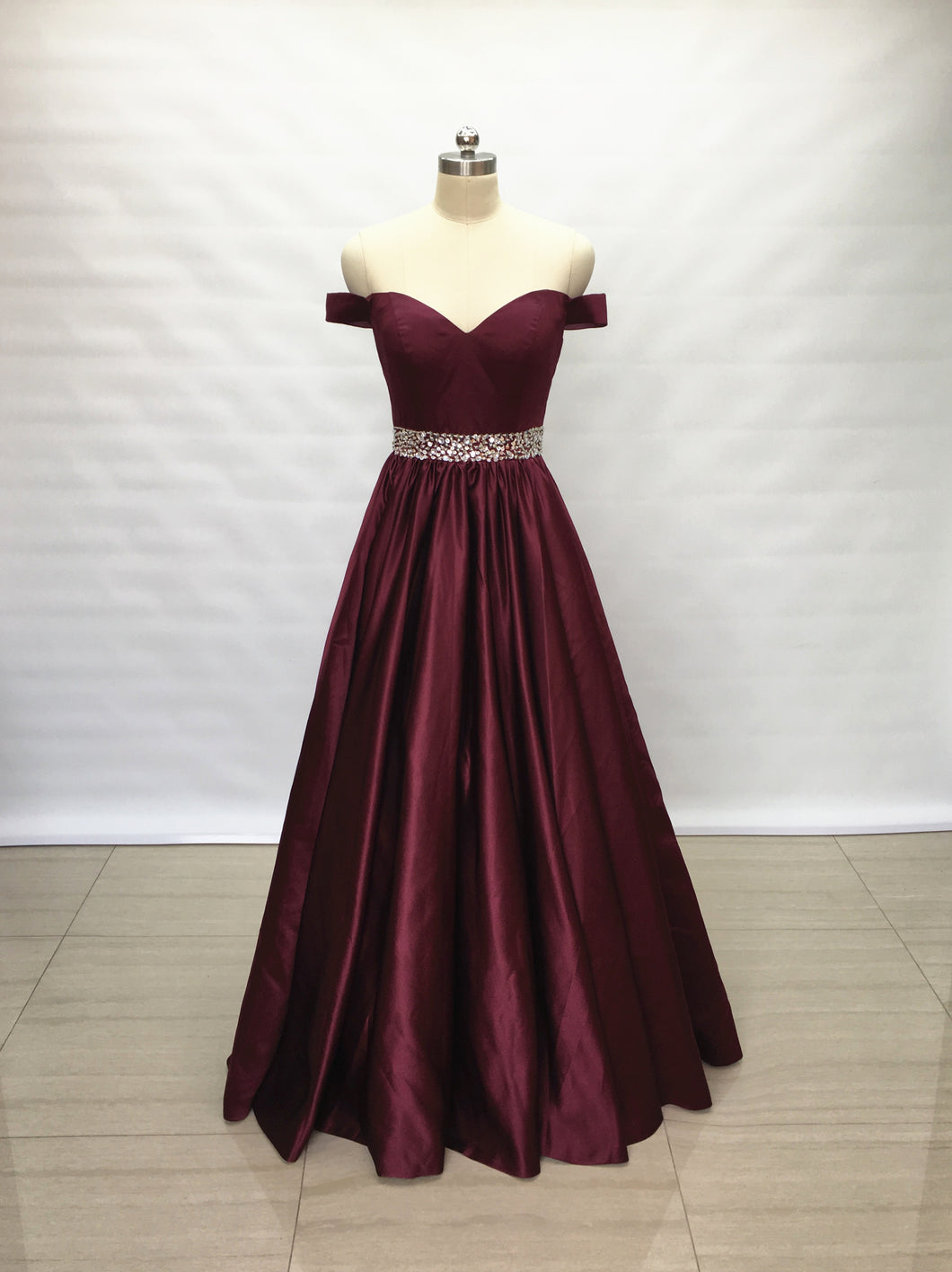 Off Shoulder Burgundy Satin Long Prom Dress