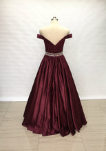 Load image into Gallery viewer, Off Shoulder Burgundy Satin Long Prom Dress