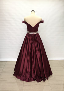 Off Shoulder Burgundy Satin Long Prom Dress