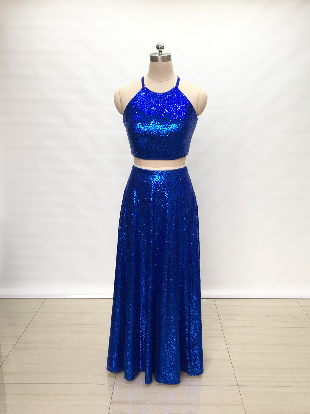 Two Piece Royal Blue Sequin Long Prom Dress