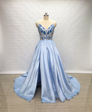 Load image into Gallery viewer, Spaghetti Straps Light Sky Blue Satin Long Prom Dress with Slit