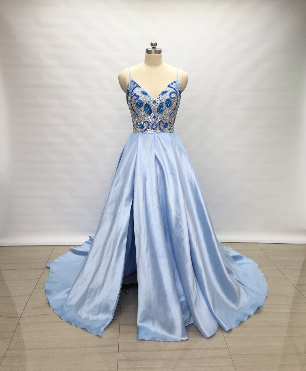 Spaghetti Straps Light Sky Blue Satin Long Prom Dress with Slit