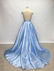 Spaghetti Straps Light Sky Blue Satin Long Prom Dress with Slit