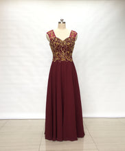 Load image into Gallery viewer, Cap Sleeves Burgundy Chiffon Long Prom Dress Open Back