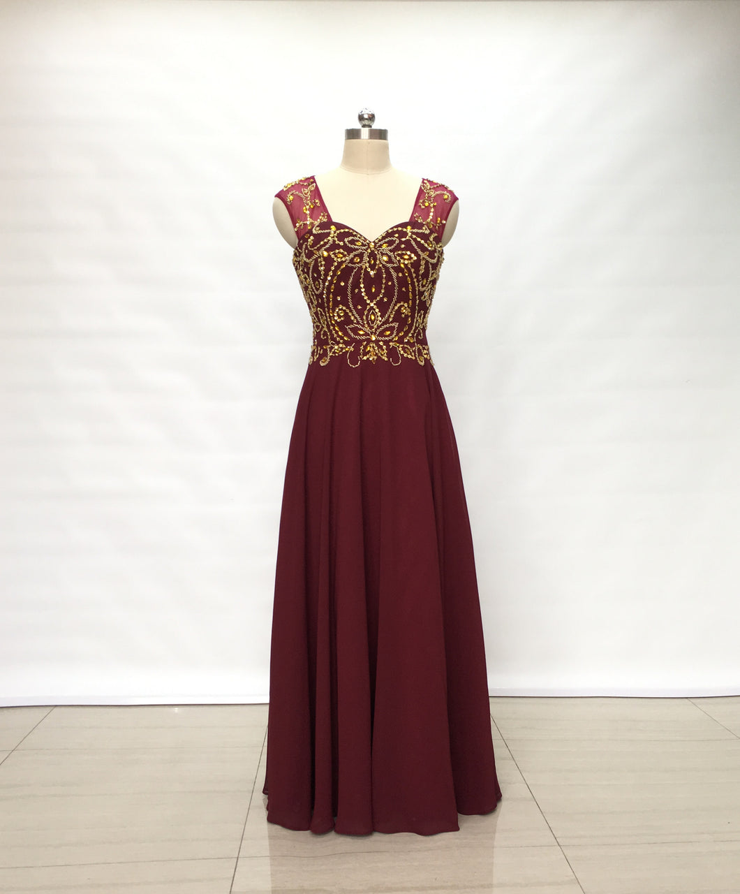 Cap Sleeves Burgundy Chiffon Long Prom Dress Open Back