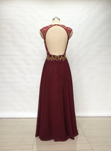 Load image into Gallery viewer, Cap Sleeves Burgundy Chiffon Long Prom Dress Open Back