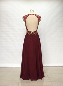 Cap Sleeves Burgundy Chiffon Long Prom Dress Open Back