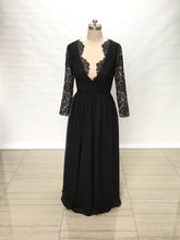 Load image into Gallery viewer, V-neck Black Lace Chiffon Long Prom Dress with Illusion Back Long Sleeves