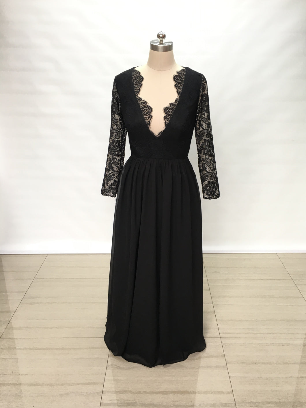 V-neck Black Lace Chiffon Long Prom Dress with Illusion Back Long Sleeves