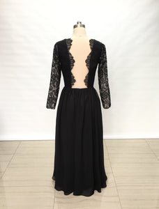 V-neck Black Lace Chiffon Long Prom Dress with Illusion Back Long Sleeves