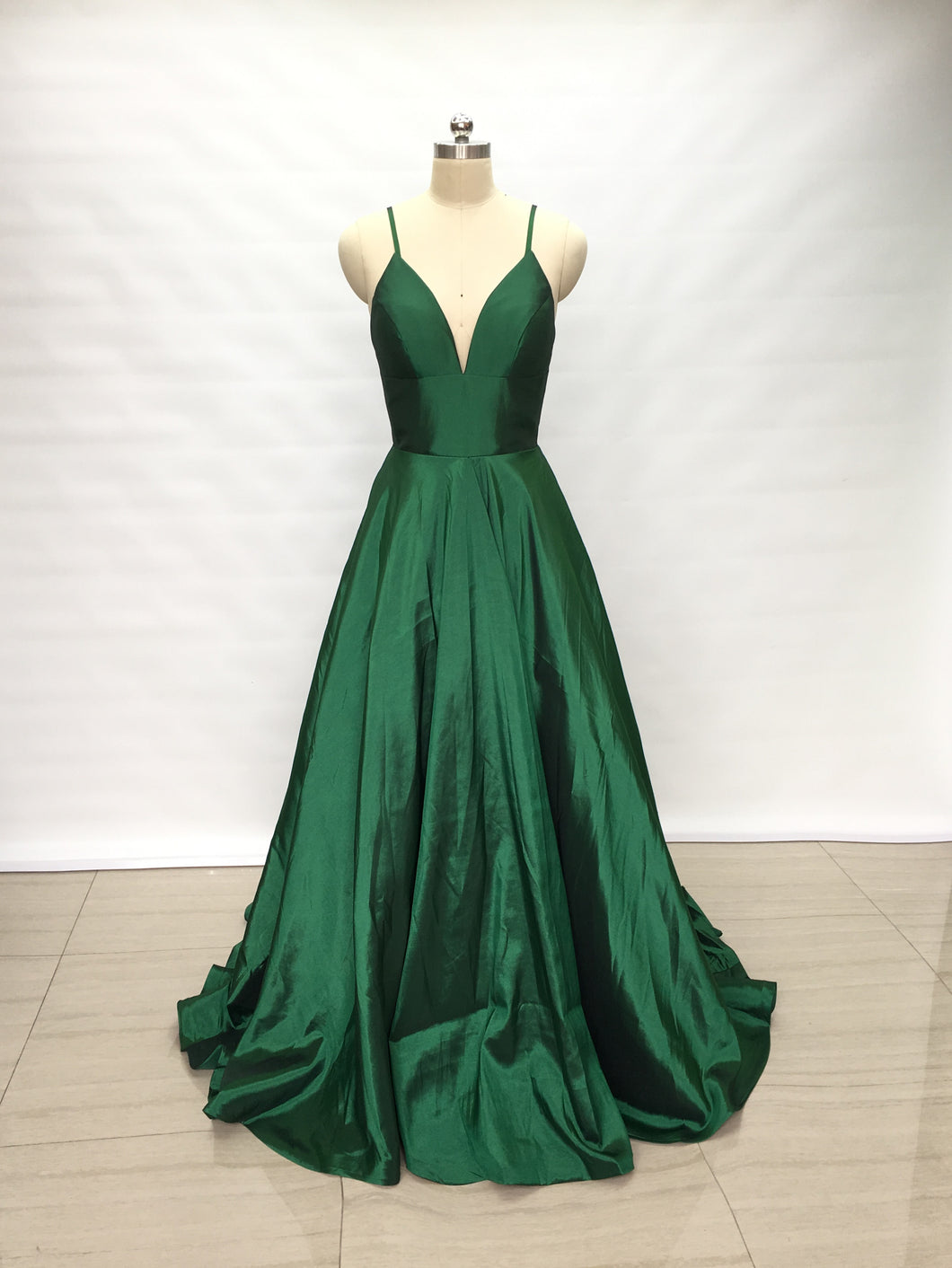 Spaghetti Straps Emerald Green Taffeta Long Prom Dress