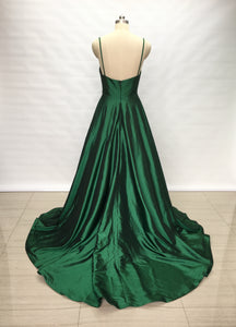 Spaghetti Straps Emerald Green Taffeta Long Prom Dress