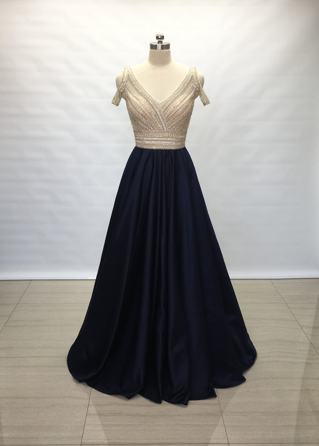 Custom V-neck Navy Blue Satin Long Prom Dress Sheer