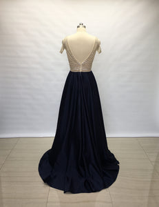 Custom V-neck Navy Blue Satin Long Prom Dress Sheer