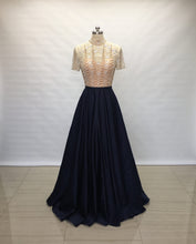 Load image into Gallery viewer, Modest Sweetheart Navy Blue Satin Long Prom Dress Short Sleeves