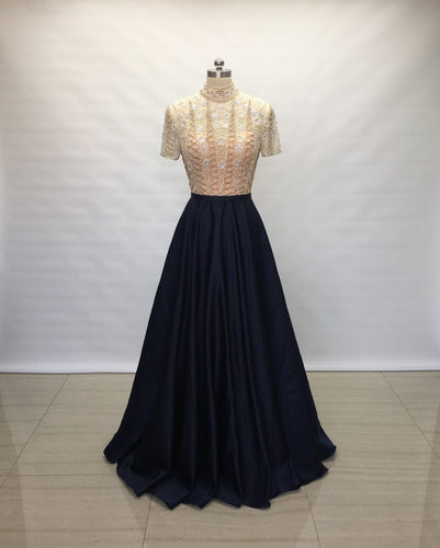 Modest Sweetheart Navy Blue Satin Long Prom Dress Short Sleeves