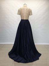 Load image into Gallery viewer, Modest Sweetheart Navy Blue Satin Long Prom Dress Short Sleeves