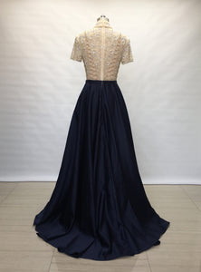 Modest Sweetheart Navy Blue Satin Long Prom Dress Short Sleeves