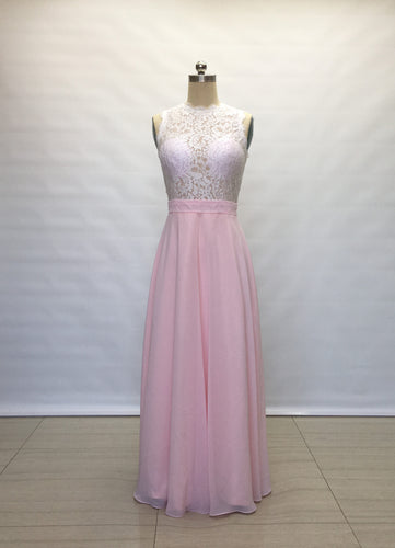 Sheer Ivory Lace Blush Pink Chiffon Long Prom Dress